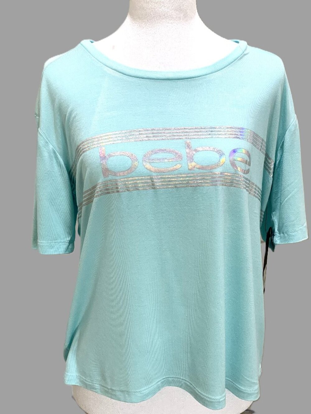 Brand New Women Active Bebe Shirt Blue Short Sleeves Reflective Stripes Size M